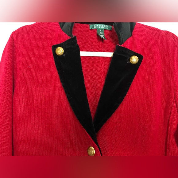 Lauren Ralph Lauren Red Black Knit Sweater Blazer Jacket Gold Buttons Large - Picture 6 of 16